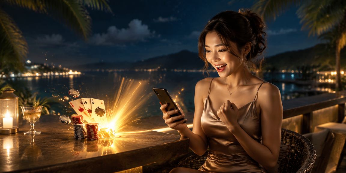 Khung cảnh biển Phú Quốc hoànghôn với người chơi card game trực tuyến trên thiết bị di động