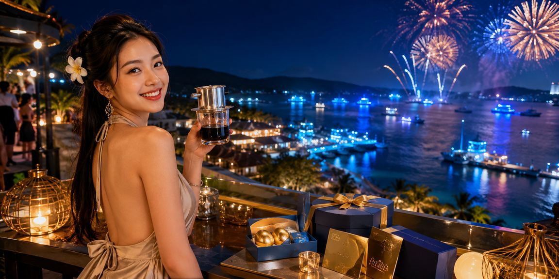 Du khách thưởng cà phê tại Phú Quốc trong khi theo dõi ưu đãi VIP trên điện thoại